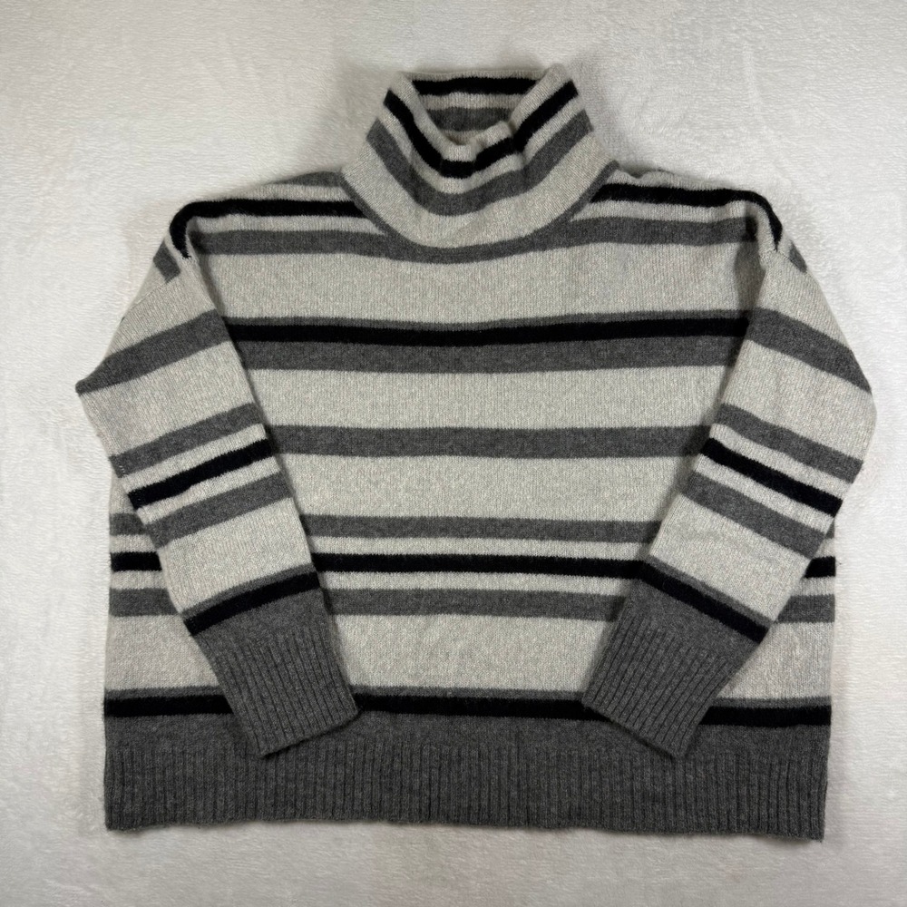 Nordstrom Signature Womens 100% Cashmere Striped Turtleneck Sweater Gray M